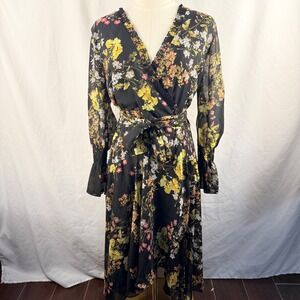 Tahari Black Floral Ruffle Wrap Dress 10 Sheer Sleeves Whimsigoth Fairy Romantic